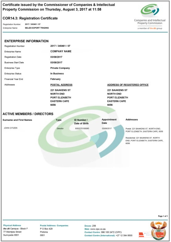 South Africa Registration Certificate